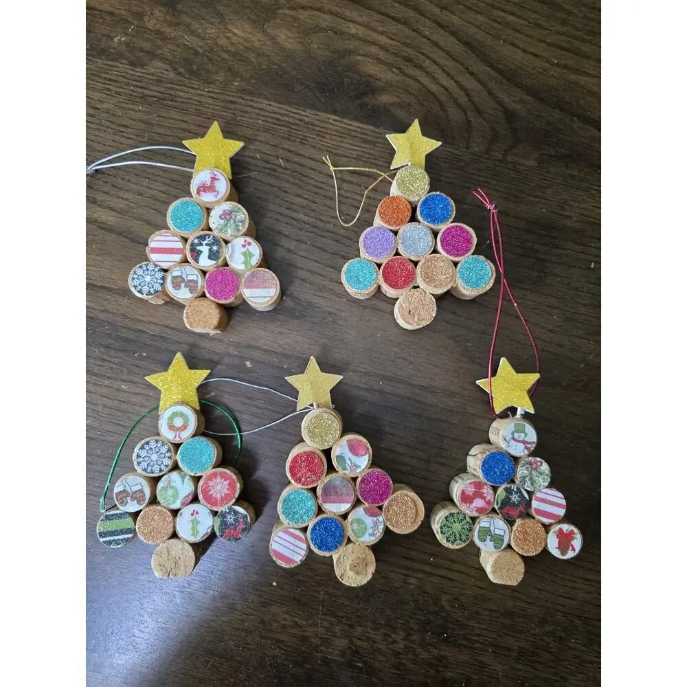 New Christmas Tree Ornaments Wine‎ Cork Set of 5 Handmade